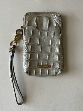 Brahmin Silver Croc-Embossed Leather Phone Wristlet with Gold Hardware